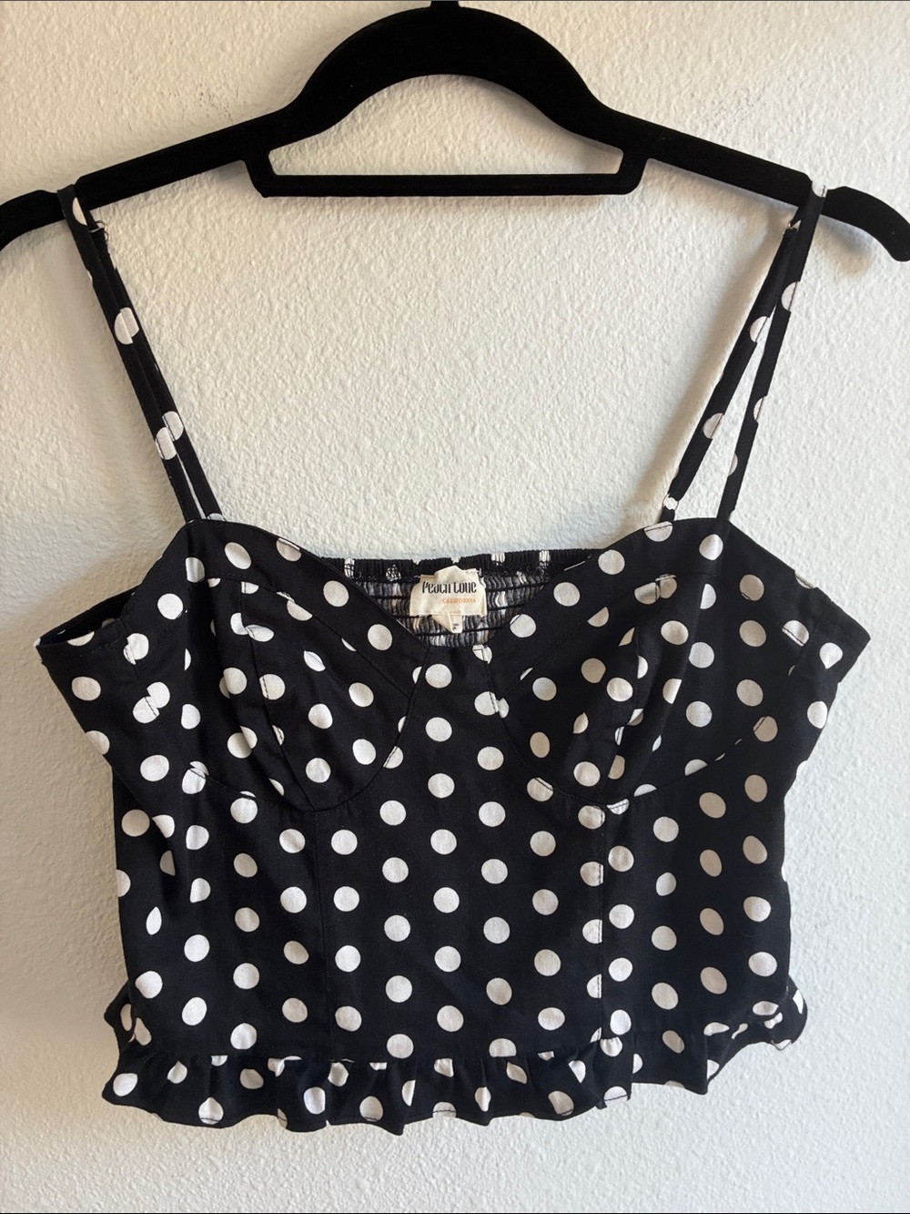 Peach Love California Black & White Polka Dot Ruffle Cami